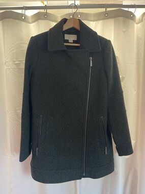 Michael Kors Dark Green Wool-Blend Peacoat with Asymmetrical Zip